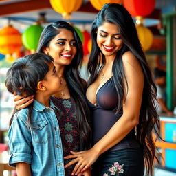 A tall and striking Indian woman with big boobs, radiating sensuality and charm as she interacts playfully with a teen boy