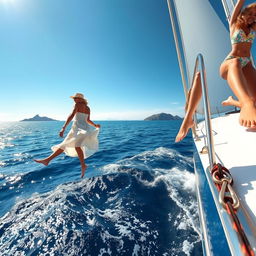 The legs of three women dangling playfully over the side of a sailboat, their feet just above the shimmering ocean water