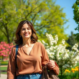 A beautiful American woman aged 40 to 45 with a fashionable hairstyle, wearing modest yet stylish clothing, taking a leisurely stroll in a park