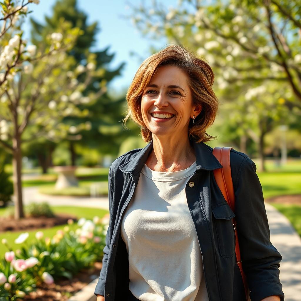 A beautiful American woman aged 40 to 45 with a fashionable hairstyle, wearing modest yet stylish clothing, taking a leisurely stroll in a park