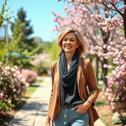 A beautiful American woman aged 40 to 45 with a fashionable hairstyle, wearing modest yet stylish clothing, taking a leisurely stroll in a park