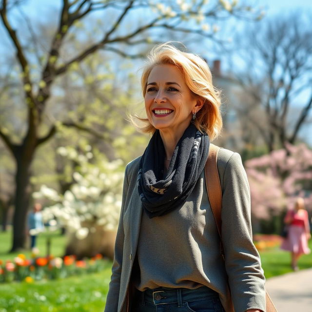 A beautiful American woman aged 40 to 45 with a fashionable hairstyle, wearing modest yet stylish clothing, taking a leisurely stroll in a park