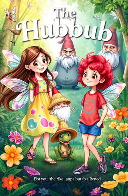 A whimsical scene from a children's book titled 'The Hubbub', featuring two girls; a 12-year-old girl with long, flowing brown hair wearing a colorful dress and an 11-year-old girl with short, curly red hair wearing a bright t-shirt and shorts