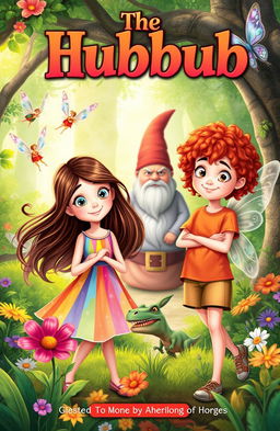 A whimsical scene from a children's book titled 'The Hubbub', featuring two girls; a 12-year-old girl with long, flowing brown hair wearing a colorful dress and an 11-year-old girl with short, curly red hair wearing a bright t-shirt and shorts