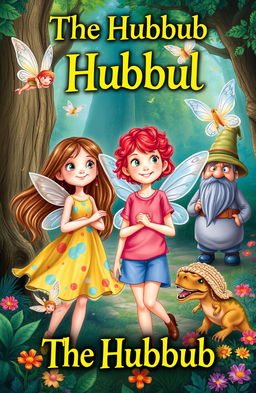 A whimsical scene from a children's book titled 'The Hubbub', featuring two girls; a 12-year-old girl with long, flowing brown hair wearing a colorful dress and an 11-year-old girl with short, curly red hair wearing a bright t-shirt and shorts