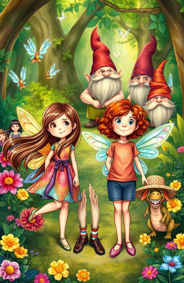 A whimsical scene from a children's book titled 'The Hubbub', featuring two girls; a 12-year-old girl with long, flowing brown hair wearing a colorful dress and an 11-year-old girl with short, curly red hair wearing a bright t-shirt and shorts