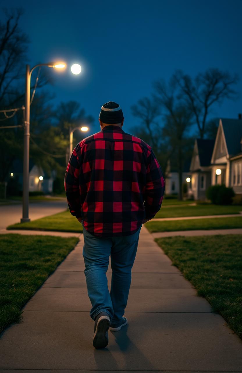 A slightly overweight man walking alone in a Detroit suburb at night