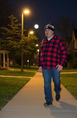 A slightly overweight man walking alone in a Detroit suburb at night