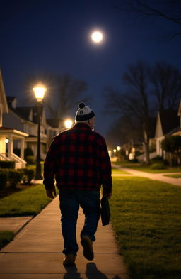 A slightly overweight man walking alone in a Detroit suburb at night