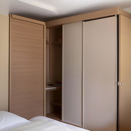 A cozy single bedroom featuring a sliding wardrobe, a single bed, and a foldable study table equipped with a shelf for book storage.