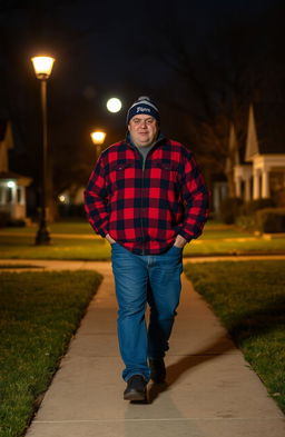 A slightly overweight man walking alone in a Detroit suburb at night