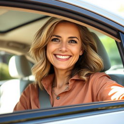 A beautiful American woman aged 40 to 45 with a fashionable hairstyle, wearing modest yet stylish clothing, sitting in a car with the window rolled down