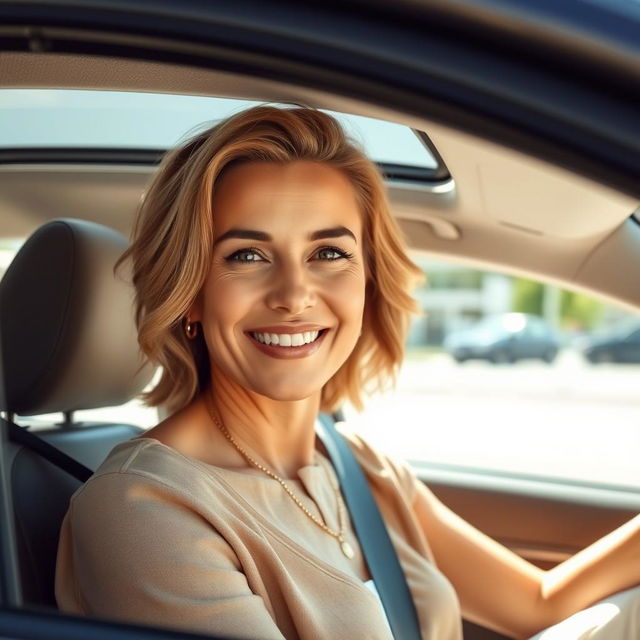 A beautiful American woman aged 40 to 45 with a fashionable hairstyle, wearing modest yet stylish clothing, sitting in a car with the window rolled down