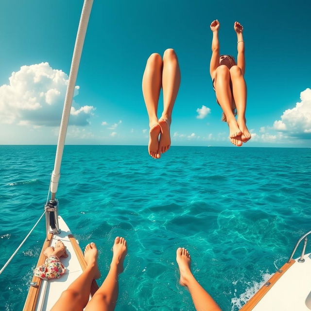 The legs of three women dangling over the edge of a sailboat, playfully touching the crystal-clear water below