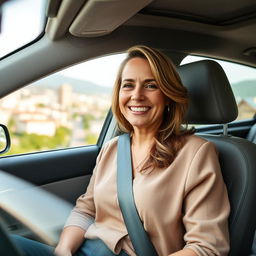A beautiful American woman aged 40 to 45 with a fashionable hairstyle, dressed in modest yet stylish clothing, sitting in a car with the windows down