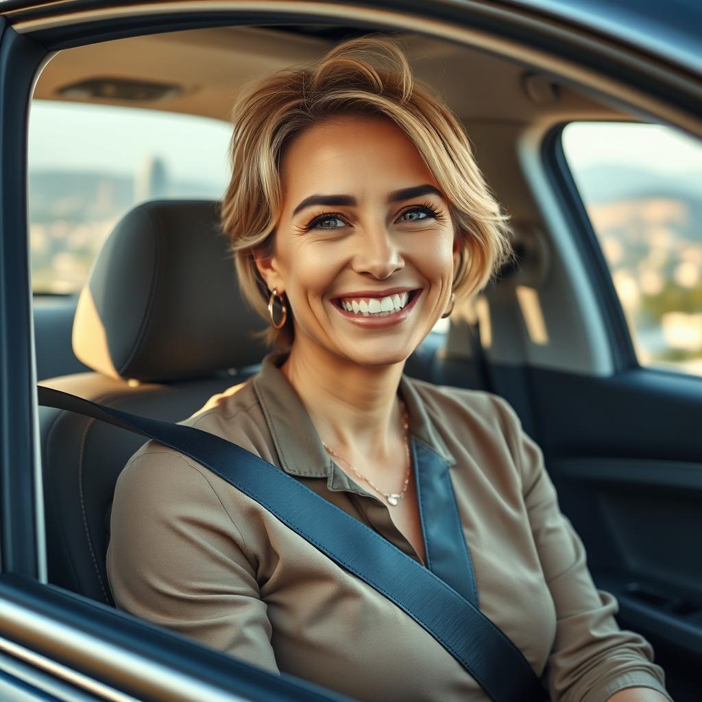 A beautiful American woman aged 40 to 45 with a fashionable hairstyle, dressed in modest yet stylish clothing, sitting in a car with the windows down