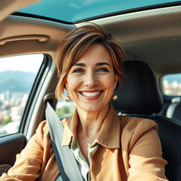A beautiful American woman aged 40 to 45 with a fashionable hairstyle, dressed in modest yet stylish clothing, sitting in a car with the windows down