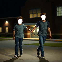 In a high school setting at night, two faceless male figures are holding hands