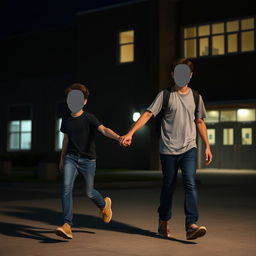 In a high school setting at night, two faceless male figures are holding hands