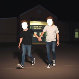 In a high school setting at night, two faceless male figures are holding hands