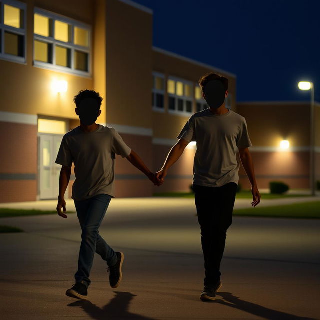 In a high school setting at night, two faceless male figures are holding hands