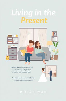 A book cover design for 'Living in the Present', showcasing two adults living together in an apartment setting