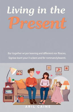 A book cover design for 'Living in the Present', showcasing two adults living together in an apartment setting