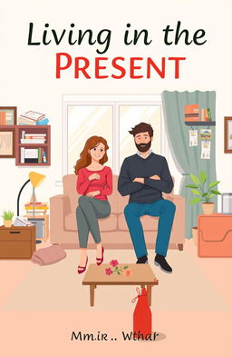 A book cover design for 'Living in the Present', showcasing two adults living together in an apartment setting