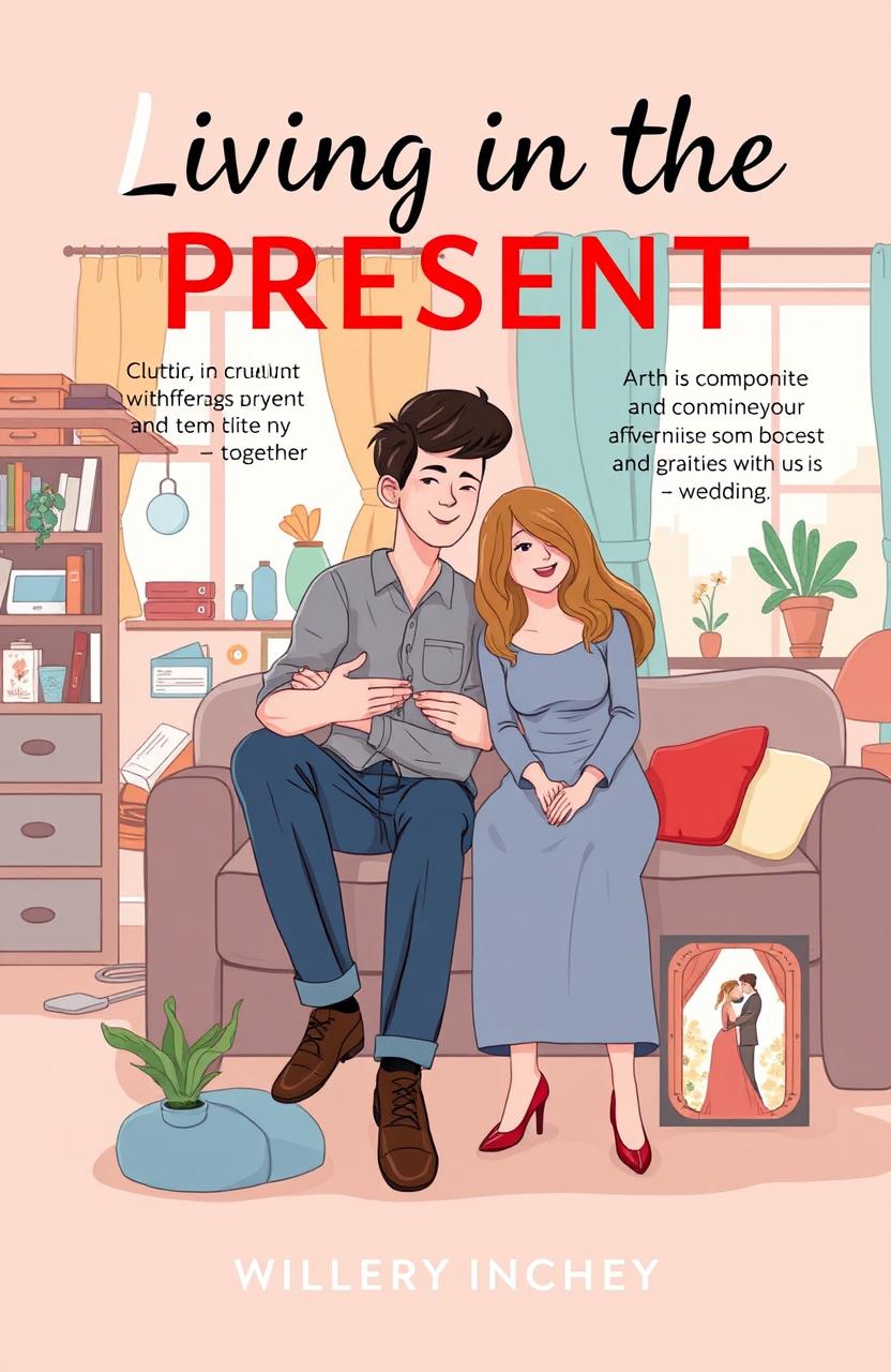 A book cover design for 'Living in the Present', showcasing two adults living together in an apartment setting