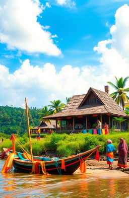 A vibrant scene depicting traditional Bugis culture, featuring a Bugis house (known as a 'Ruma Bugis') with its distinct architecture, surrounded by lush green landscapes of South Sulawesi, Indonesia