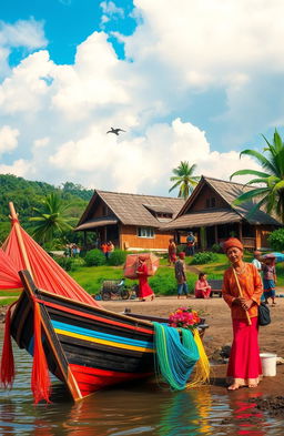 A vibrant scene depicting traditional Bugis culture, featuring a Bugis house (known as a 'Ruma Bugis') with its distinct architecture, surrounded by lush green landscapes of South Sulawesi, Indonesia