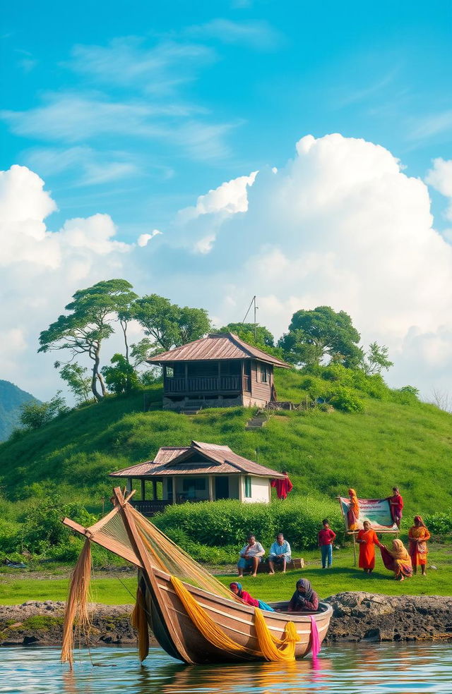 A vibrant scene depicting traditional Bugis culture, featuring a Bugis house (known as a 'Ruma Bugis') with its distinct architecture, surrounded by lush green landscapes of South Sulawesi, Indonesia