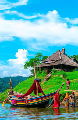 A vibrant scene depicting traditional Bugis culture, featuring a Bugis house (known as a 'Ruma Bugis') with its distinct architecture, surrounded by lush green landscapes of South Sulawesi, Indonesia