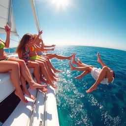The legs of women sitting on the edge of a sailboat, playfully dangling over the side and dipping into the sparkling water below