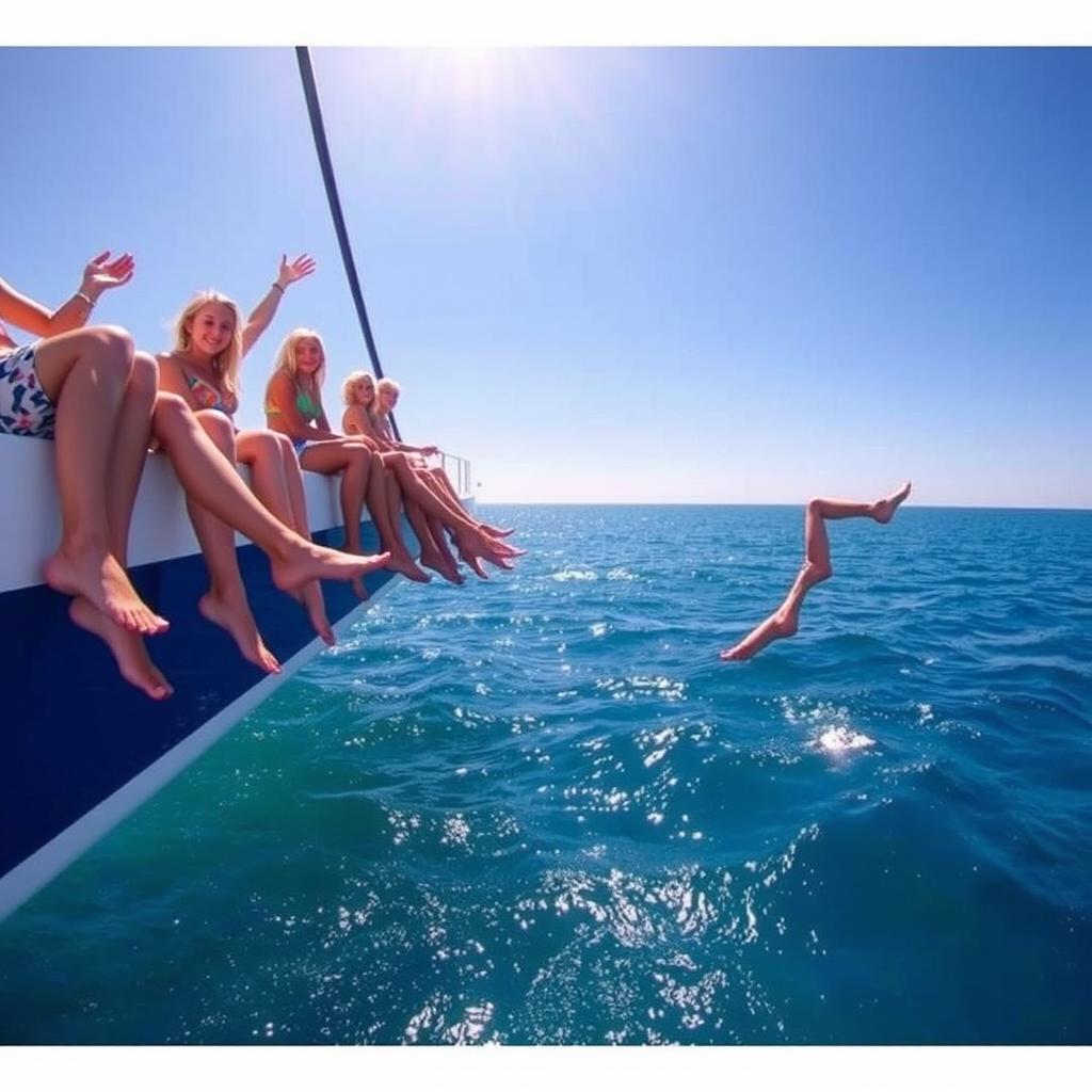 The legs of women sitting on the edge of a sailboat, playfully dangling over the side and dipping into the sparkling water below