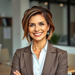 A beautiful American woman aged 40 to 45 with a fashionable hairstyle, dressed in modest yet stylish professional attire
