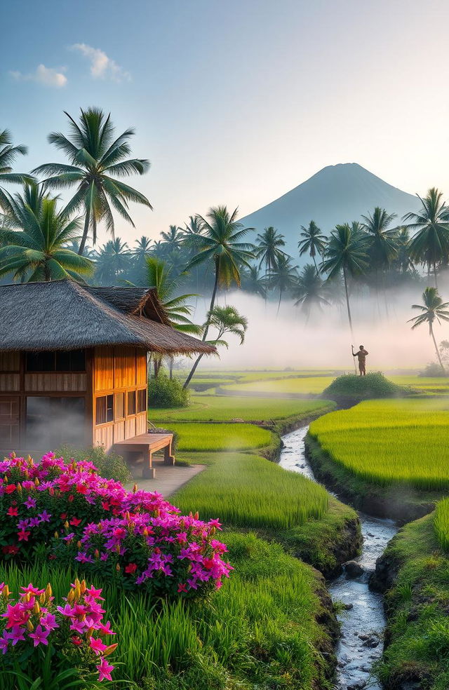 A serene landscape depicting a tranquil Indonesian village in the early morning light, with mist rising over lush green rice paddies