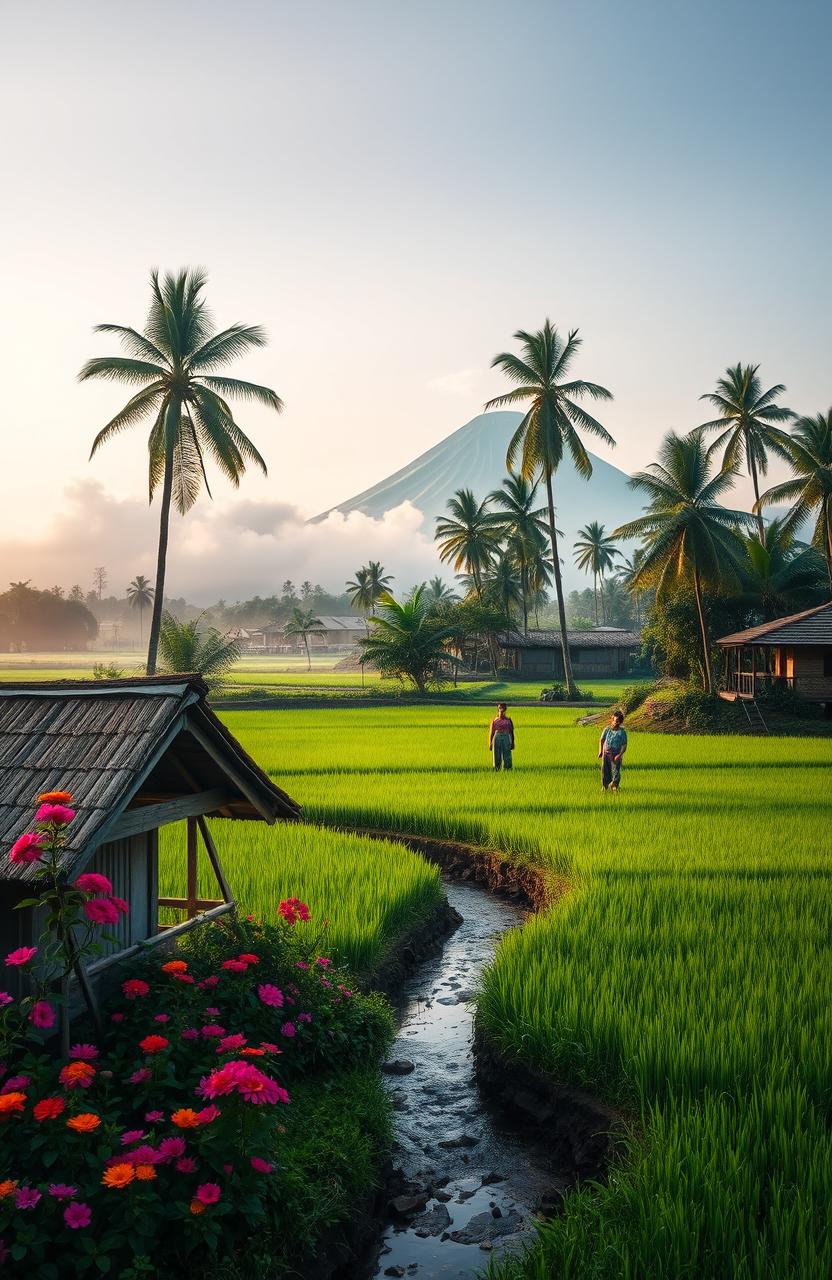 A serene landscape depicting a tranquil Indonesian village in the early morning light, with mist rising over lush green rice paddies