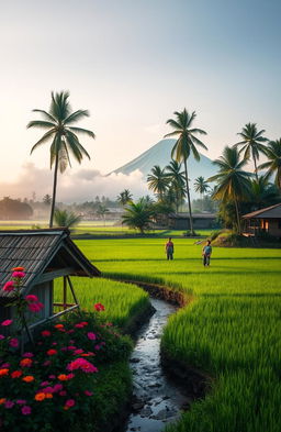 A serene landscape depicting a tranquil Indonesian village in the early morning light, with mist rising over lush green rice paddies