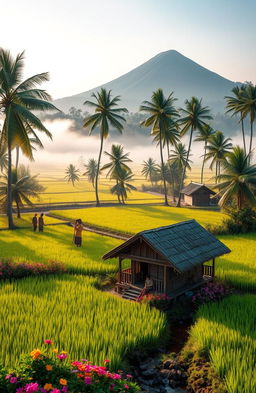A serene landscape depicting a tranquil Indonesian village in the early morning light, with mist rising over lush green rice paddies