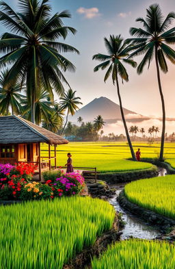 A serene landscape depicting a tranquil Indonesian village in the early morning light, with mist rising over lush green rice paddies