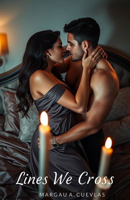 An intimate and passionate scene capturing two lovers caught in a moment of desire, surrounded by soft candlelight