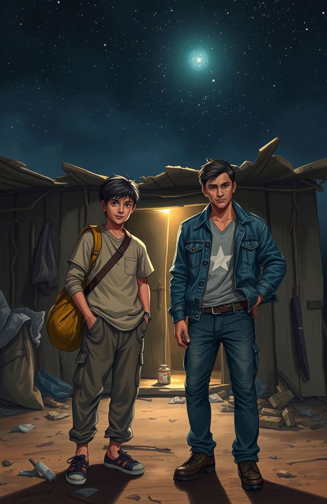 A scene depicting two young men, one a scavenger and the other a street tough, standing together in front of a ramshackle hut at night