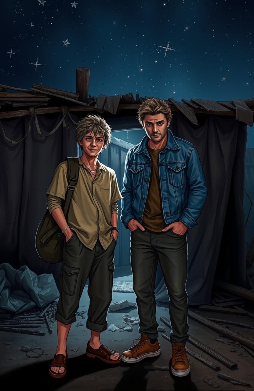 A scene depicting two young men, one a scavenger and the other a street tough, standing together in front of a ramshackle hut at night