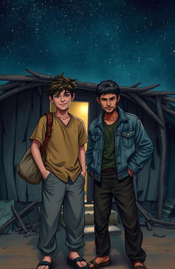 A scene depicting two young men, one a scavenger and the other a street tough, standing together in front of a ramshackle hut at night