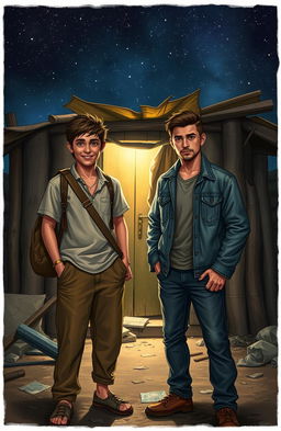 A scene depicting two young men, one a scavenger and the other a street tough, standing together in front of a ramshackle hut at night
