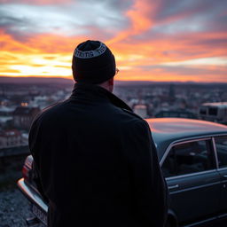 A middle-aged man viewed from behind, dressed in a dark trench coat, stands next to his grey Opel Rekord