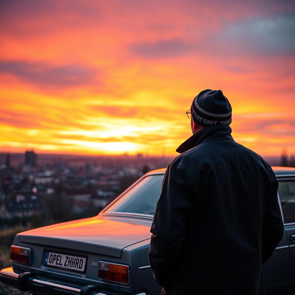 A middle-aged man viewed from behind, dressed in a dark trench coat, stands next to his grey Opel Rekord