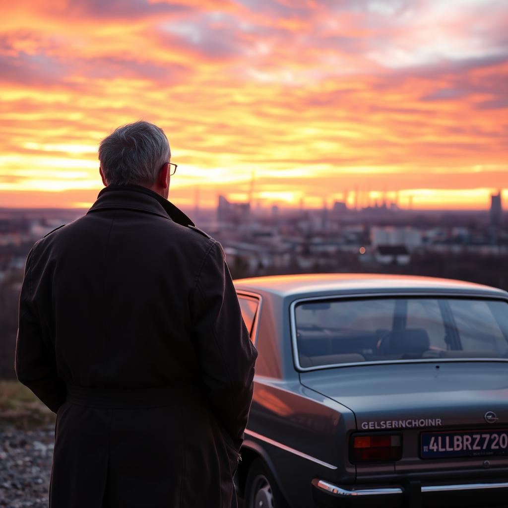 A middle-aged man from behind, dressed in a classic trench coat, stands beside his grey Opel Rekord