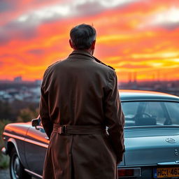 A middle-aged man from behind, dressed in a classic trench coat, stands beside his grey Opel Rekord